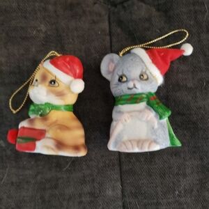 Pair Of Jasco Cat Kitten Ceramic Bell Christmas Ornaments Vintage